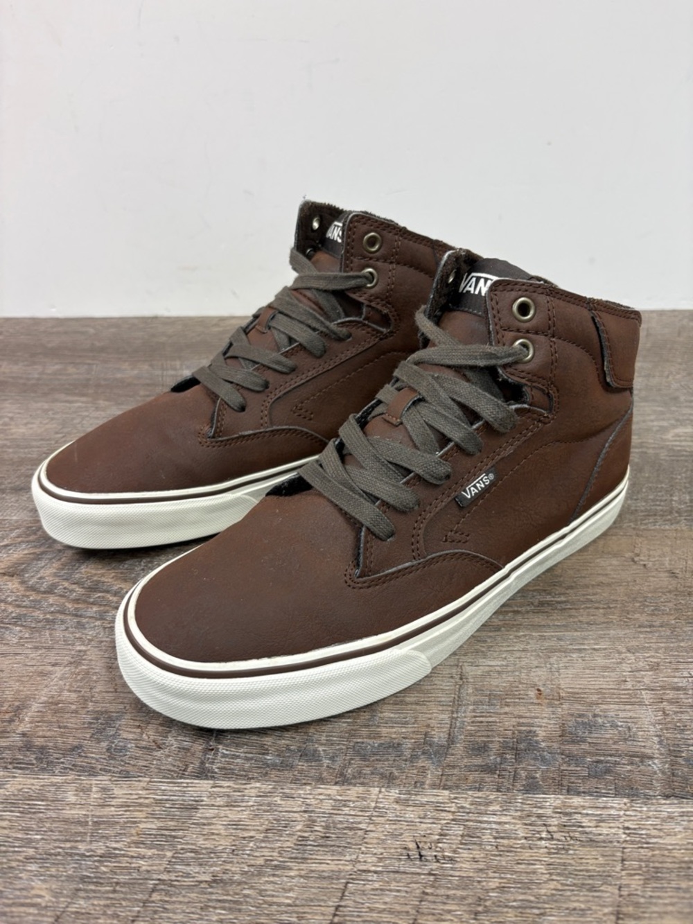 Vans Men’s Leather High Top Sneakers Brown | Off The Wall Casual Shoes Size 7.5